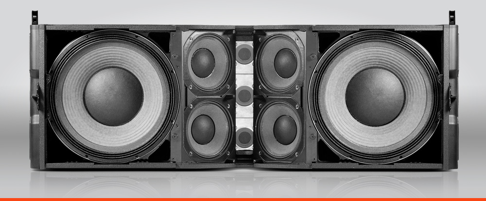Speaker cabinet without grille showing each speaker element